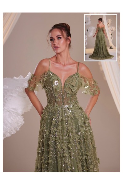 Hanımefendi Giyim Khaki Sequined and Floral Appliqued Chiffon Evening Dress