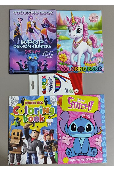 ada çanta kırtasiye 4 adet stickerli karakter figürlü boyama kitabı ve 12'li ...