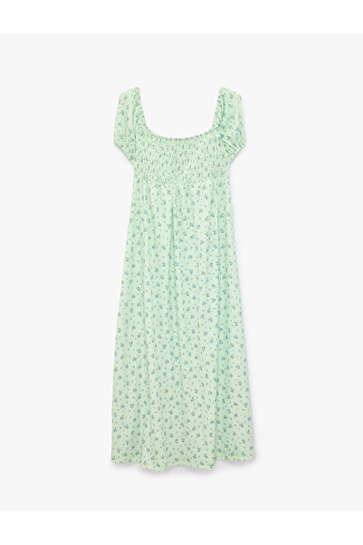 Koton Square Neck Short Balloon Sleeve Long Floral Dress