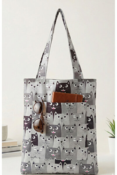 Sosyal Terzi Cool Cats: Siyah Beyaz Kedi Desenli, Cepli ve Astarlı Bez Omuz Ç...