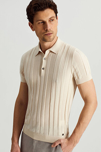 Hemington Extrafine Merino Yün-Pamuk Karışım Üç Düğme Krem Triko Polo