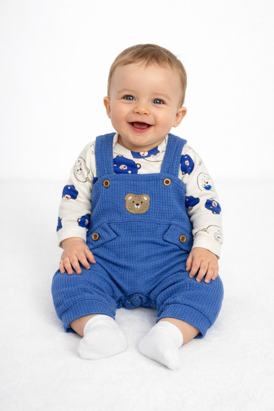 NAFİTO Baby Boys 3-Piece Romper Set Salopet and Socks Set Teddy Bear Patterne...