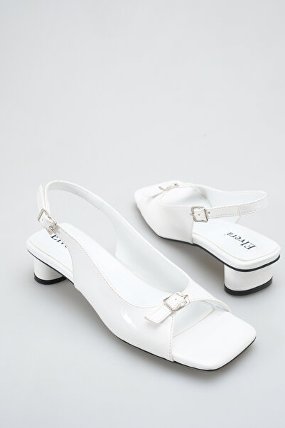 MALENTA Дамски къси сандали с дебел ток от бяла лачена кожа, с отворена пета ...