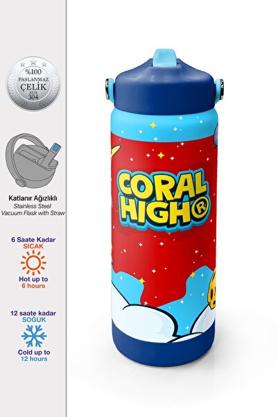 Coral High Kırmızı Mavi Astronot Uzay Desenli Katlanır Ağızlıklı Çelik Termos...