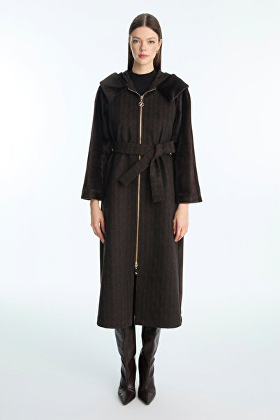 Zühre Hooded and Belted Coat Brown Coat 13970