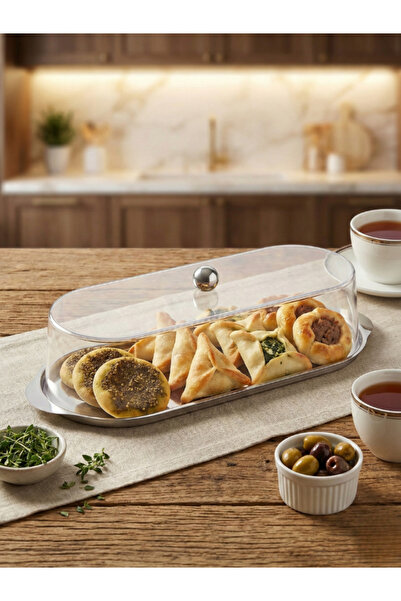 Generic صحن تقديم استيل مستطيل بغطاء شفاف اكريليك (مقاس 33 سم)