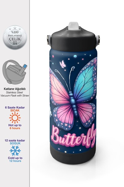 Coral High Kelebek Desenli Katlanır Ağızlıklı Çelik Termos 650 ml 38331