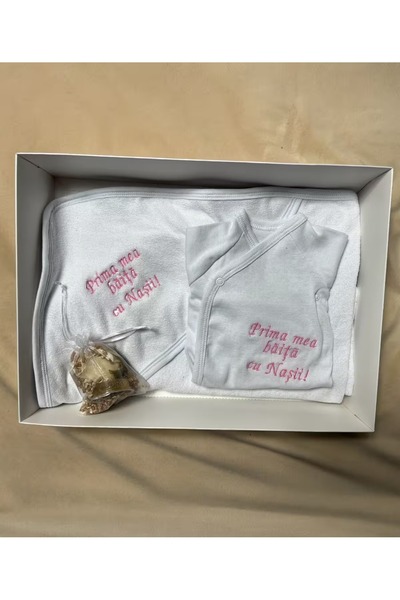 Botez Prosop si bady Prima baita cu nasii brodat pe roz din bumbac, in cutie ...