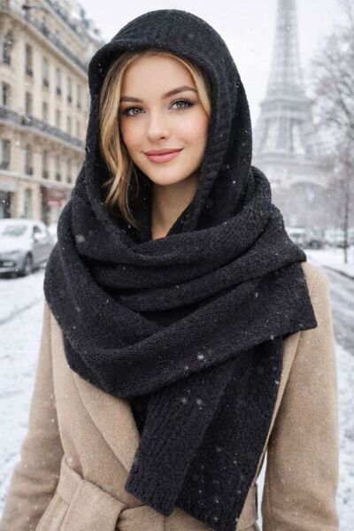 BALIENTE Black Wool Knitwear Tie-Up Balaclava Beanie Scarf