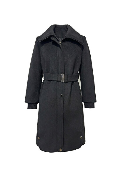Zühre Wide Collar Belted Cashmere Black Coat 14041