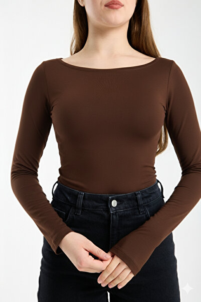 MERİCEY Women's Boat Neck Long Sleeve Slim Fit Basic Blouse