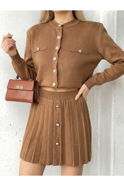 KAREN TEKSTİL Pleated Skirt Gold Button Jacket Knitwear Set