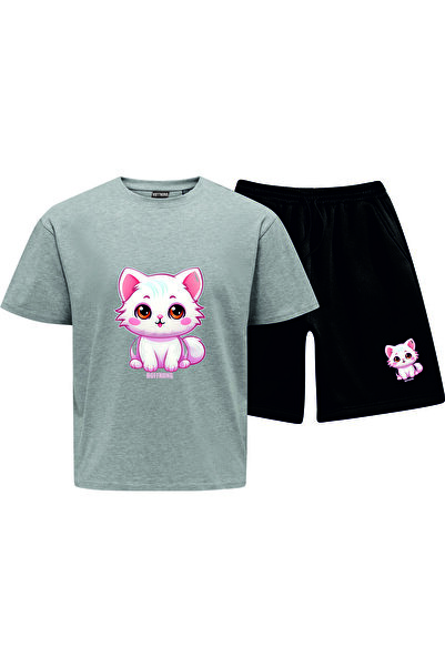 HOFFNUNG Unisex Casual Short Sleeve Set with Pink Kitten Print Outdoor Spring...