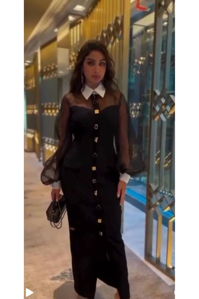 Pulli Collection Black Tulle Sleeve Detailed White Collar Buttoned Long Dress