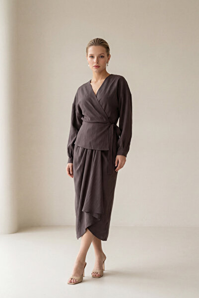 Setre Coffee double breasted long sleeve blouse with tie detail