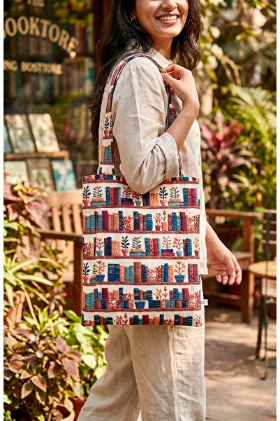 Sosyal Terzi Kitap ve Bitki Desenli Dijital Baskı Tote Bag | Kitap Kurdu Omuz...