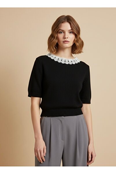 Maysev Dantel Detaylı Bisiklet Yaka Damla Detaylı Agraflı Kısa Kol Triko Top
