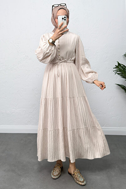 Salih Çelebi Waist Drawstring Lace-Up Dress 0081 - Ecru