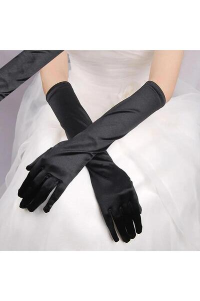 Go İthalat Long Length Extra Shiny Satin Gloves Black Color (5343)