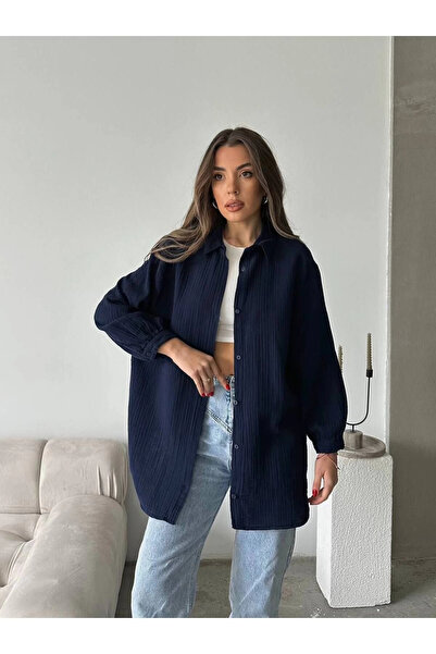 URİS Women's Navy Blue Muslin Fabric Premium Shirt