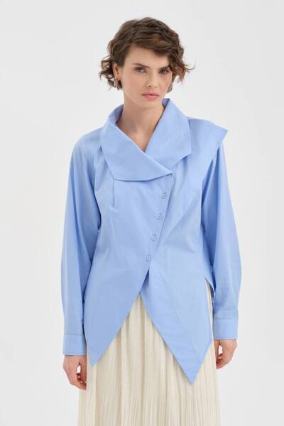 tw3 Kadın Önü Çapraz Kapamalı Uzun Kollu Tasarım Gömlek