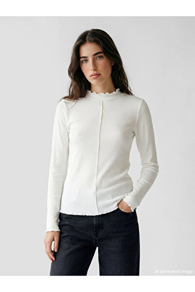 LC Waikiki Lcw Modest Ecru Ruffled Mock Neck Women's Bodysuit