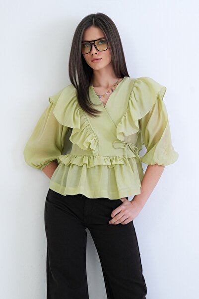 Trend Alaçatı Stili Bluză țesută cu decolteu în V, verde acvatic, cu volane, ...