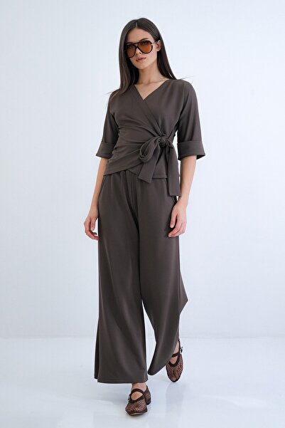 Trend Alaçatı Stili Women's Brown Double-Breasted Tie-Up Three-Quarter Cuff S...