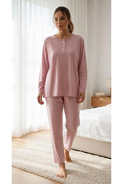 Hukateks Seasonal Long-Sleeved Pajama Set with Points and Stripes Details
