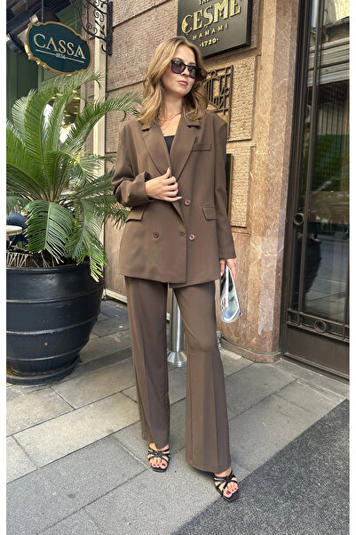 asfamoda سترة نسائية بنية اللون كبيرة الحجم ذات أزرار مزدوجة، سترة أنيقة للمكتب