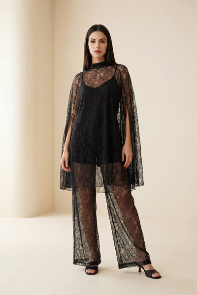 Setre Black Transparent Sleeve Detailed Turtleneck Relaxed Fit Lace Blouse