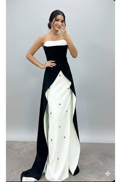 ARDSU Black Asymmetrical Cut Design Evening Dress
