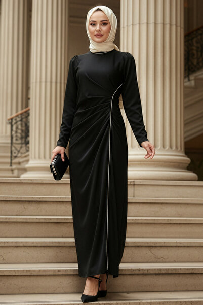 N.S NEVA STYLE Drape Detailed Black Hijab Satin Evening Dress 46681S