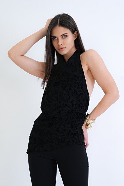 Trend Alaçatı Stili Women's Black Degaje Collar Halter Cut Flock Printed Line...