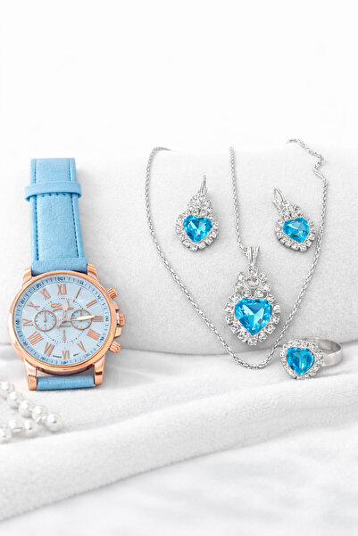 DeNors Blue Heart Stone Jewelry Set and Women's Watch Combination – Stylish G...