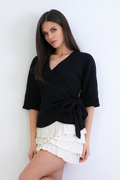 Trend Alaçatı Stili Γυναικεία Μαύρη Διπλόστρωτη Μπλούζα Ottoban με Δέσιμο και...