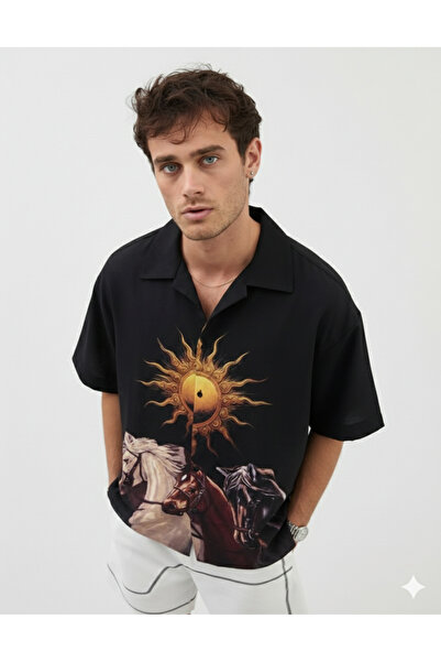 Wonraces Men's Oversize Apaş Collar Printed Short Sleeve Shirt