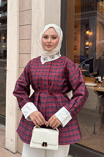 LOCCO Women's Hidden Buttoned Waist Tie Shirt Burgundy