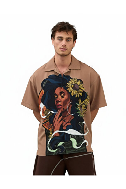 Wonraces Men's Brown Oversize Apaş Collar Printed Short Sleeve Shirt