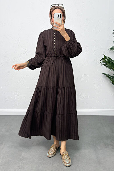 Salih Çelebi Drawstring Waist Lace-Up Dress 0081 - Brown