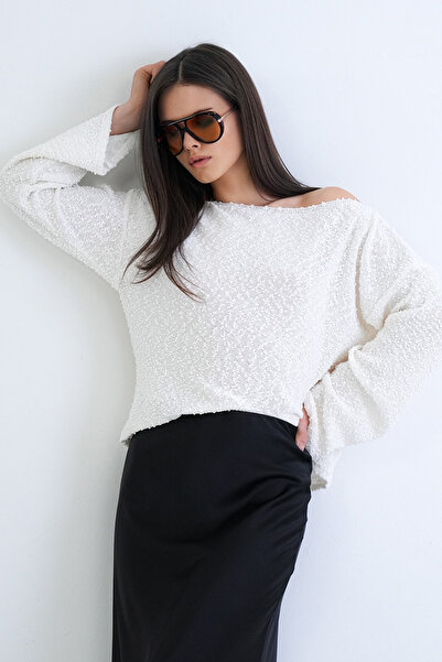 Trend Alaçatı Stili Women's Ecru Boat Neck Embossed Textured Knitwear Blouse ...