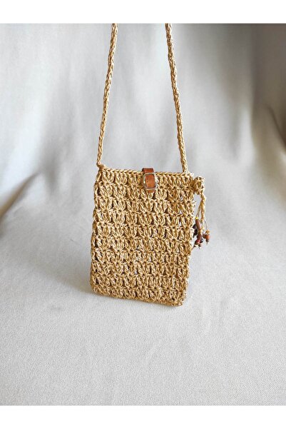atolyeozyy Hasır Mini Çapraz Telefon Çantası, Kağıt İp Boncuklu Çanta