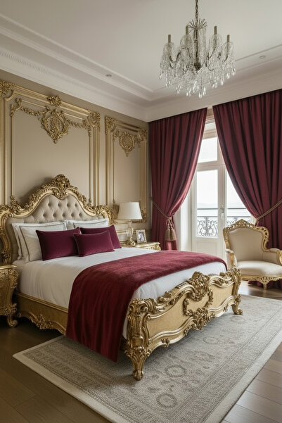 JACA 6'Lı Sağ-Sol Kadife Kumaş Fon Perde & Yatak Runner & İç Dolgulu Dikdörtg...