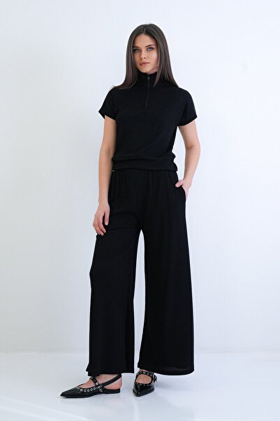 Trend Alaçatı Stili Women's Black Stand Collar Zippered Half Sleeve Modal Blo...