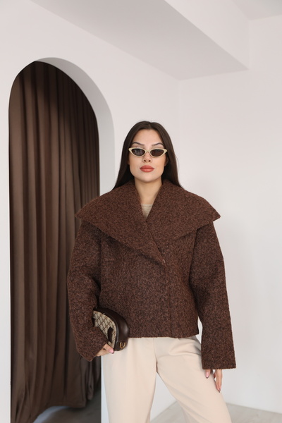 İgnites Brown Shawl Collar Wrinkled Cashmere Jacket