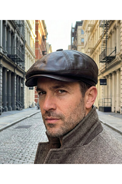 emybox %100 Hakiki Deri 8 Köşe Kasket Şapka - Peaky Blinders Tarzı Lastikli E...