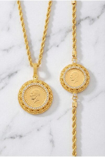 FerizZ Altın Kaplama Burgu Zincirli Yarım Altınlı Kolye Ve Çeyrek Altınlı Bil...