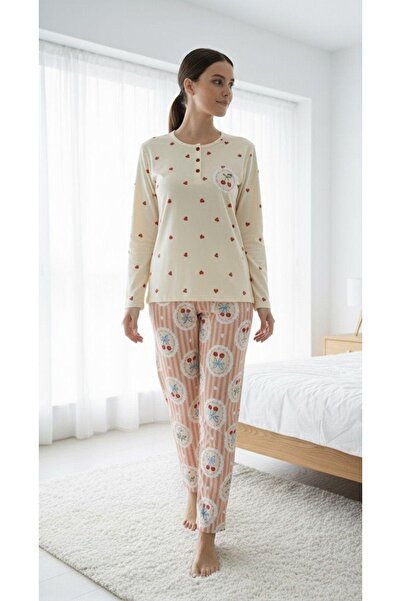 Hukateks Long Sleeved Lycra Single Jersey Seasonal Pajama Set with Cherry and...