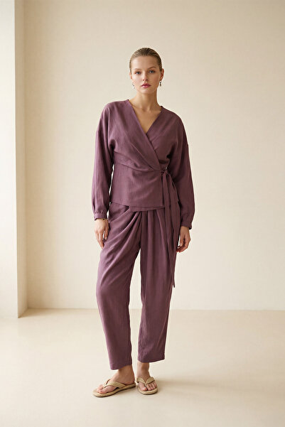 Setre Burgundy double breasted long sleeve blouse with tie detail