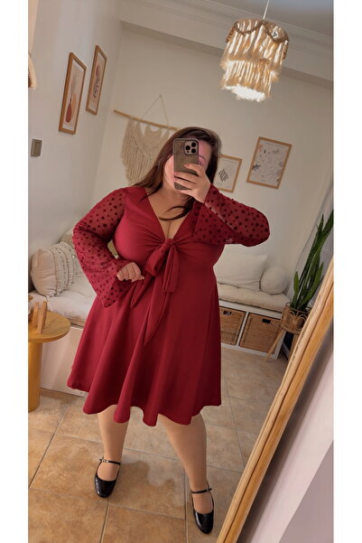 Kendinisevbutik Bordo Kolları Kalpli Tül Detaylı Büyük Beden Elbise